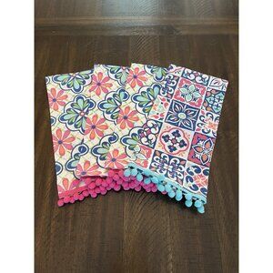New 4-Piece Tea Towel Set Kitchen Towels Blue Pink Floral PomPom Cottagecore